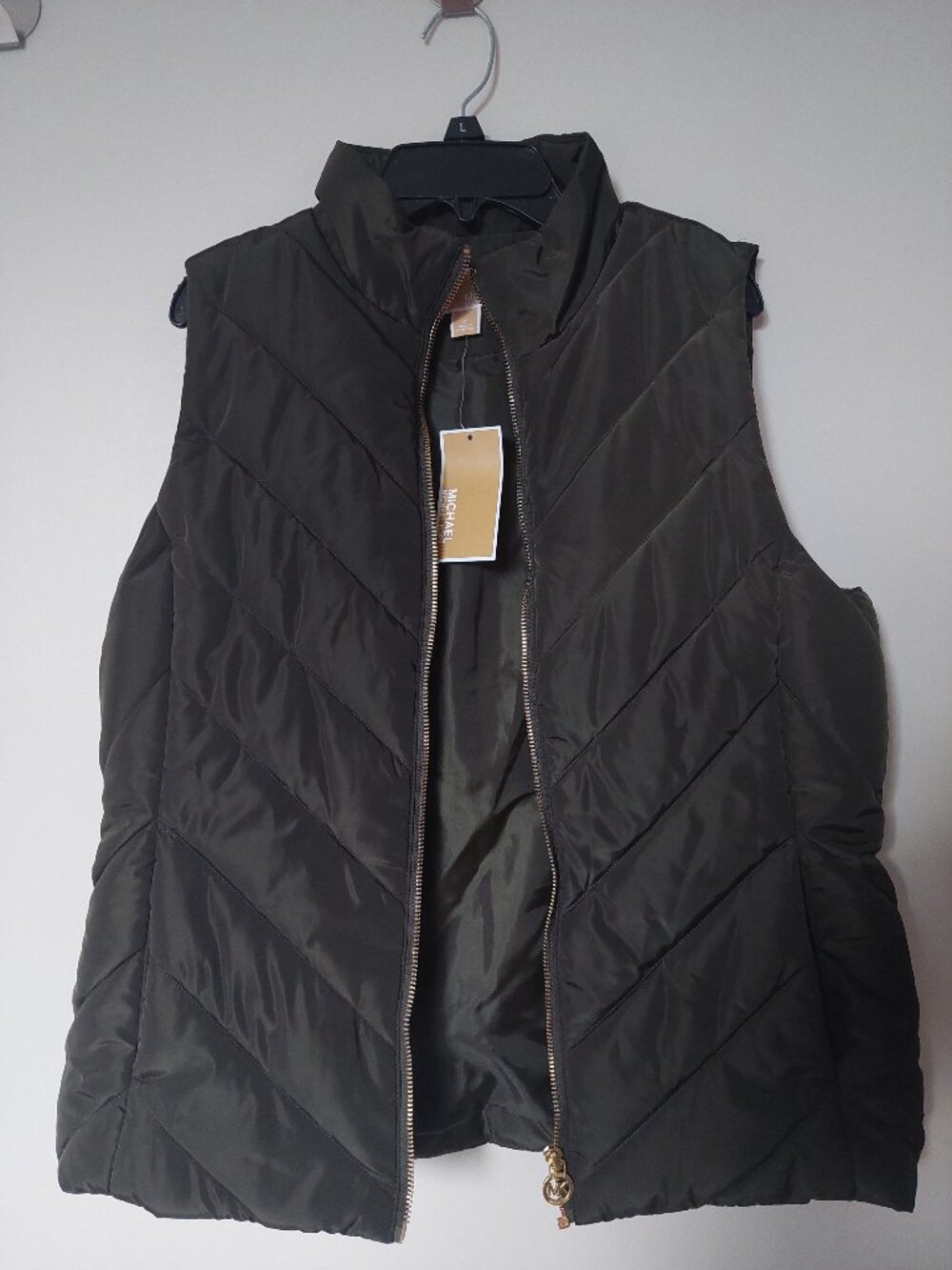 Michael Kors Quilted Puffer Vest Dark Olive Green Gold Hardware Sz M